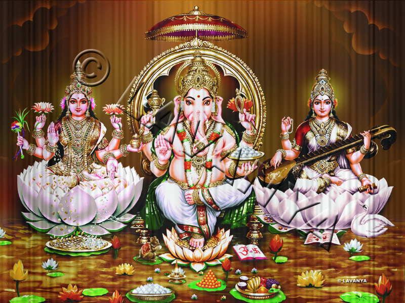 Lakshmi Ganesh with white Vastr & Saraswathi Antiqur BG