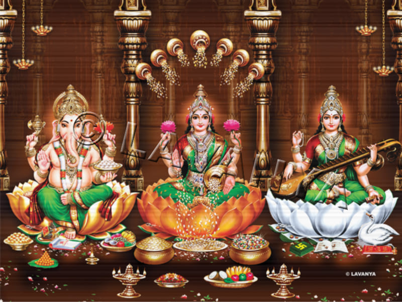 Ganesh Lakshmi Saraswathi With Green dresses Pillar BG