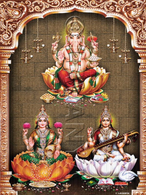 Ganesh Lakshmi Saraswathi With Lotus Wall BG